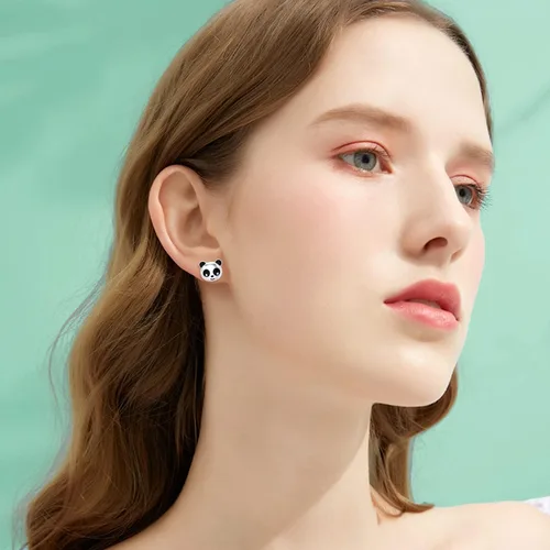 Vista 4 de Aretes tipo dormilona de oro amarillo de 10 quilates y 14 quilates con diseño de oso panda para mujeres y niñas pequeñas, aretes para mascotas