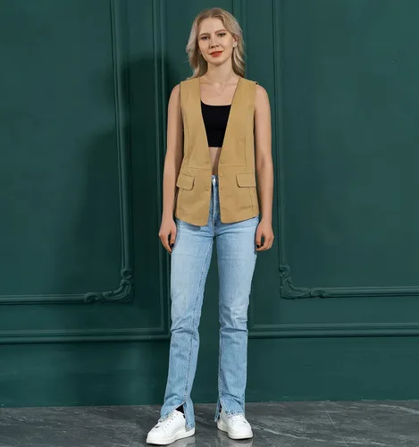 Vista 4 de Chaleco de lino sin mangas para mujer, casual, holgado, cuello en V, chaqueta de chaleco