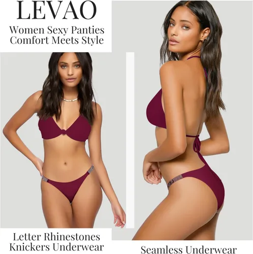 Vista 2 de LEVAO Bragas sexis, tangas para mujer, con letras de diamantes de imitación, tanga, de talle bajo, paquete múltiple (paquete de 3-6, S-XL)