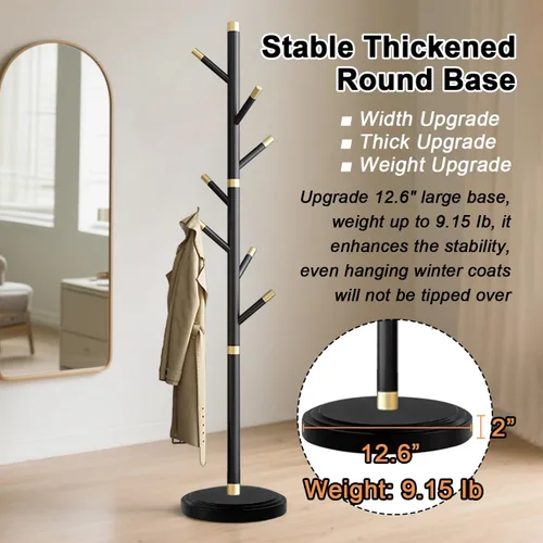 Vista 5 de Perchero de metal con base pesada, percheros de poste grueso resistente con 7 ganchos de ABS, perchero moderno y estable para chaquetas, ropa