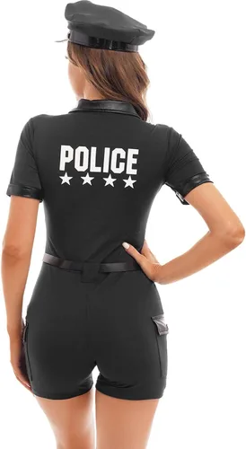 Vista 4 de Disfraz de oficial de policía para mujer, uniformes de policía para Halloween, juego de roles Negro