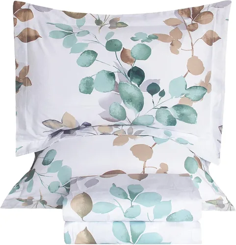 Vista 10 de QSH Sábanas 100% Algodón para Cama Tamaño King, Patrón de Plantas Florales Blancas Botánicas de Lujo de Algodón con Estampado Floral Ropa de Cama