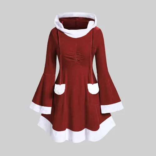 Vista 5 de Disfraz de Sra. Claus de talla grande, sexy, de piel profunda, cuello en V, vestido de Navidad, retro, estampado a cuadros, vestido de fiesta