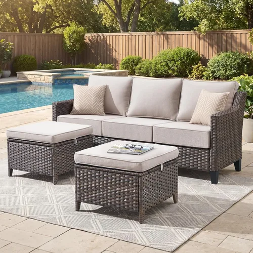 Vista 54 de Belord Sofá de patio exterior acolchado de 3 asientos de lujo de 6 pulgadas Cojín de mimbre marrón/beige de 6 pulgadas
