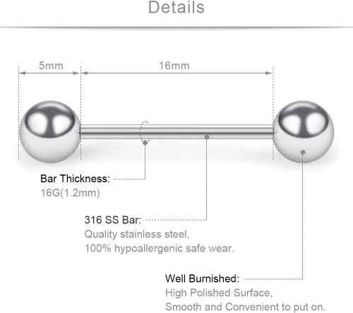 Vista 2 de SCERRING Barra de acero inoxidable 316L con rosca externa para pezón, anillos de barra de piercing 16G 6-12PCS