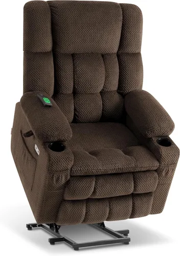 Vista 34 de MCombo Silla reclinable eléctrica de motor dual con masaje y calor para personas mayores, posición infinita, puertos USB, portavasos, tela 7890 Beige