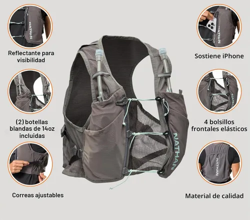 Vista 3 de Nathan - Chaleco de hidratación para mujer - Malla ligera, transpirable, 2 frascos de 14 oz, vejiga de 2 L, chaleco reflectante, Pinnacle Breeze