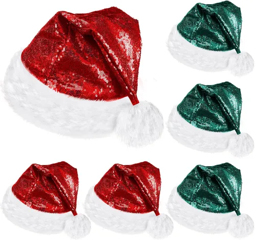 Vista 12 de SATINIOR 2 piezas de sombrero de Papá Noel de lentejuelas para adultos, unisex, gorro de Navidad con forro y ala de felpa para mujeres y hombres