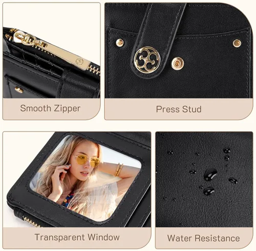 Vista 5 de Missnine Billetera pequeña para mujer RFID compacta cartera de cuero vegano plegable para mujer con tarjetero y monedero, Negro (Solid-Black)