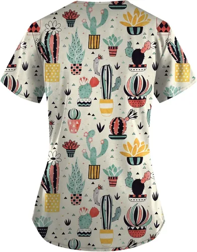 Vista 2 de Women's Working Uniform Shirts Short Sleeve V Neck Tunic Tops Comfy Cartoon Print Workwear Blouses Tee with 2 Pockets
