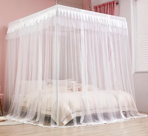 Vista 5 de Mengersi Cortina para Dosel de Cama Princesa, con 4 Esquinas, Dosel con Mosquitero para Cama de Princesa (Blanco, Doble)