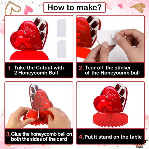 Vista 4 de KatchOn Centros de mesa rojos de San Valentín para mesas, paquete de 9 Centro de mesa de panal de San Valentín 3D, decoraciones de mesa