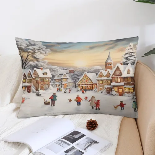 Vista 5 de Funda de almohada con escena de pueblo navideño con niños, fundas de almohada de 12 x 20 pulgadas, almohadas decorativas de Navidad para sofá, funda