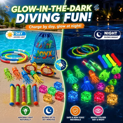 Vista 2 de JoyX - Juego de 35 piezas de juguetes de buceo para piscina con cubos LED, gafas y bolsa de transporte Glow-in-the-dark toys, 5 LED light-up