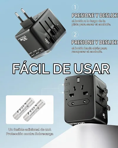 Vista 6 de TenTrend Adaptador de viaje universal, adaptador de corriente internacional de 30 W con 4 puertos USB-C y 1 USB-A, adaptador de enchufe de viaje