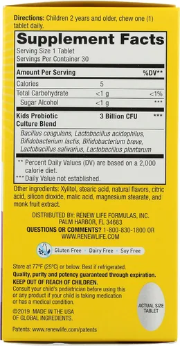Vista 6 de Renew Life Kids Probióticos masticables, apoya la salud digestiva e inmune, prebióticos y probióticos, frambuesa, 30 tabletas masticables