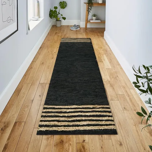 Vista 6 de GRUHUM - Alfombra de yute de cuero negro de 2 pies 6 pulgadas x 10 pies, trenzado a mano natural Leather Cotton & Jute Boho Vintage Rustic Pet Kid
