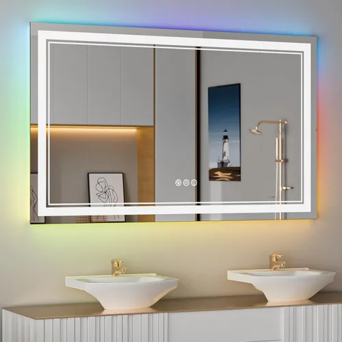 Vista 55 de Espejo de baño LED de 24 x 28 pulgadas, luz frontal y retroiluminada, antiniebla, regulable, espejo de tocador iluminado con memoria, espejo LED