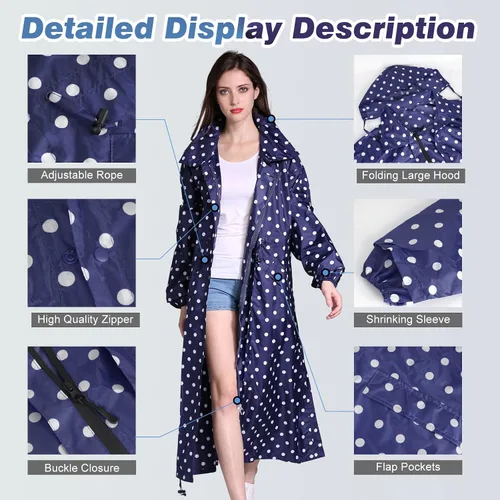 Vista 3 de Chubasqueros largos para mujer, impermeable, plegable, con capucha, rompevientos ligeros y ajustables para exteriores