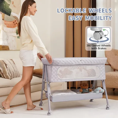 Vista 4 de Bassinet Bedside Sleeper, Adjustable Height Baby Bassinet with Wheels, Easy Assemble & Folding Crib with Comfy Mattress, Breathable Mesh Bedside Gris