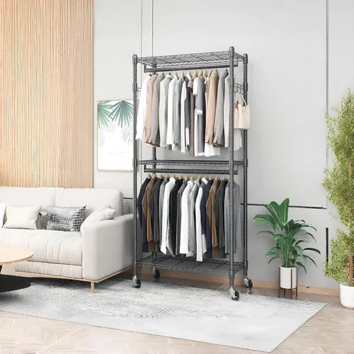 Vista 6 de BATHWA Perchero angosto de 2 niveles para colgar ropa, perchero portátil que ahorra espacio con ruedas y varillas dobles, 8 perchas, ajustable, Negro