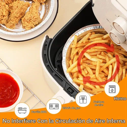 Vista 4 de Forros desechables para freidora de aire de aluminio con revestimiento antiadherente, redondos, 50 unidades, de papel de aluminio a prueba
