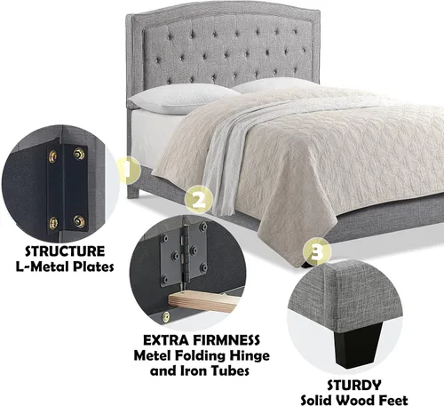 Vista 5 de Rosevera Carlisle Marco de cama con cabecera ajustable con botones para dormitorio, tapizado de lino, soporte de listones de madera, fácil montaje