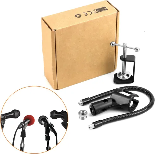 Vista 2 de QWORK Soporte de micrófono de cuello de cisne de 13 pulgadas, soporte de micrófono de escritorio con abrazadera con brazo flexible de 360°, soporte