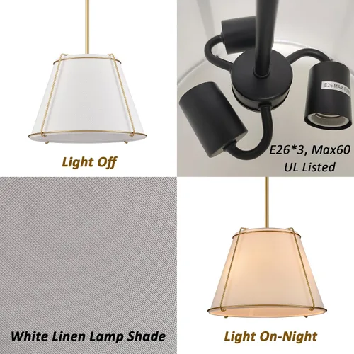 Vista 6 de Lámpara Colgante de Cono con Pantalla de Tambor de Tela con Linterna de Metal de 16 Pulgadas, Candelabros Blancos y Dorados para Cocina, Comedor