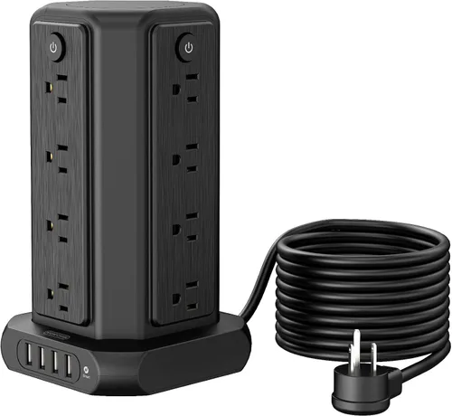 Vista 10 de Torre de regleta de alimentación de cable de extensión de 10 pies, 16 tomas amplias de 1875 W, 15 A, protector de sobretensiones de enchufe plano