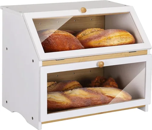 Vista 11 de HOMEKOKO Panera grande de doble capa para encimera de cocina, contenedor de almacenamiento de pan de madera de gran capacidad (negro)
