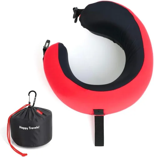 Vista 22 de C CUSHION LAB Almohada de viaje, galardonado diseño ergonómico patentado para mentón y cuello, almohada de espuma viscoelástica para el cuello Azul