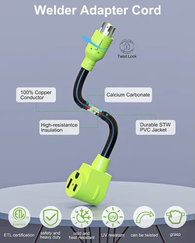 Vista 3 de NEMA L14-30P a 6-50R adaptador de generador a soldador, cable de alimentación resistente de 1.5 pies, STW 10/3 AWG, 125V/250V, certificación ETL