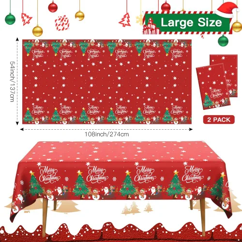 Vista 2 de Mantel de Navidad, 2 piezas de mantel desechable de plástico rojo, mantel de 54 x 108 pulgadas para decoraciones de Navidad, mantel de árbol