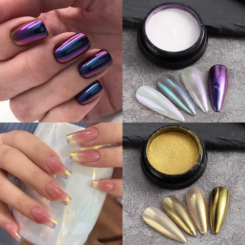 Vista 4 de Polvo de uñas cromado camaleón, 10 cajas de polvo cromado Aurora rosa morado, polvo de uñas holográfico dorado y plateado, pigmento espejo metálico