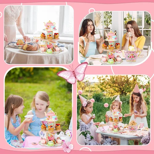 Vista 6 de Zopeal 2 piezas de decoración floral para cupcakes de fiesta de té de 3 niveles, soporte floral para cupcakes, torre de postre de cumpleaños floral