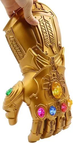 Vista 5 de Thanos - Guantelete infinito guantes Thanos de PVC con luz LED regalo para Navidad fiesta de carnaval para adultos dorado talla XL