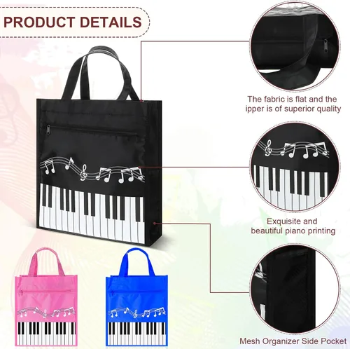 Vista 4 de 3 piezas de llavero de piano reutilizable, bolsa de compras de hombro para regalos de profesores de música, Azul,Negro