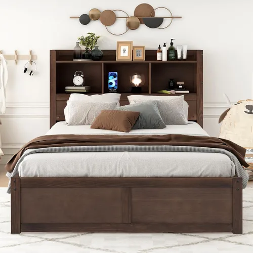 Vista 4 de Bellemave Base de cama matrimonial con cabecera de almacenamiento con estación de carga, plataforma de madera con nido, estantes extraíbles