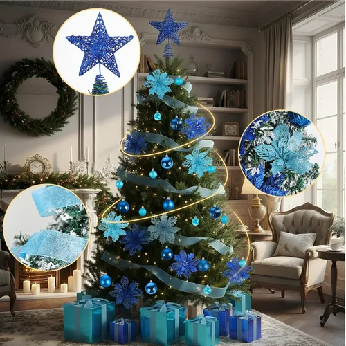 Vista 3 de Skylety Juego de 104 piezas de decoraciones para árbol de Navidad, adorno colgante azul de Navidad, bolas para árbol, estrella para la punta, flor