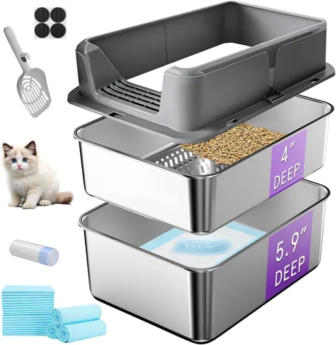 Vista 10 de Caja de arena de acero inoxidable, 24 x 16 x 12 pulgadas, caja de arena de metal extra grande para pellets de pino, caja de arena de metal de lados