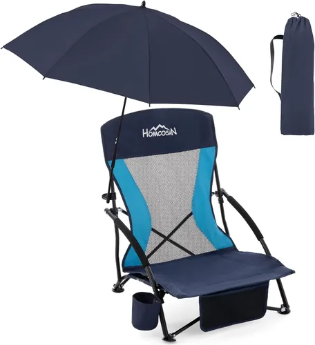Vista 22 de Homcosan Silla de playa portátil baja plegable con paraguas desmontable, silla de campamento ligera para adultos con portavasos y bolsillo