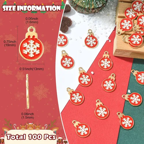 Vista 2 de LiQunSweet 100 adornos de bola de Navidad rojos, dijes esmaltados de copos de nieve dorados para hacer joyas