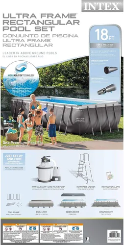 Vista 5 de Piscina rectangular, con bomba de filtro de suciedad, modelo Ultra Frame, de Intex, Gris