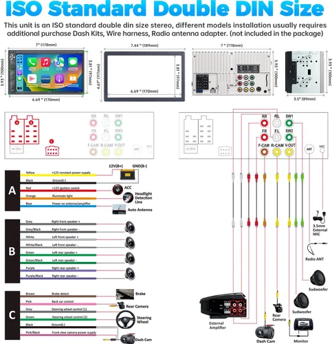 Vista 6 de Estéreo de auto doble DIN con cámara de salpicadero, control de voz Carplay, Android Auto, controles del volante, pantalla táctil HD de 7 pulgadas
