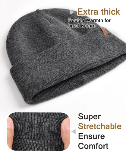 Vista 3 de FURTALK Gorro de invierno con forro polar para hombre, doble capa, elegante, tejido con puños, sombrero liso
