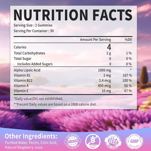 Vista 3 de Gomitas de ácido alfa lipoico de 1000 mg con vitamina B1, B12, A, E, suplemento de ALA masticable sin azúcar de alta absorción para apoyo
