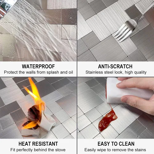 Vista 6 de DICOFUN 1 hoja de azulejo adhesivo de mármol gris para salpicaduras, azulejos de metal mixto con astillas plateadas para cocina y baño, adhesivo