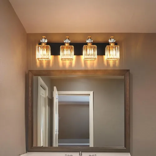 Vista 6 de Lámpara Moderna de Tocador de Baño, Luminarias de Baño de 4 Luces Negro Dorado Sobre Espejo, Aplique de Pared de Cristal de 28.4