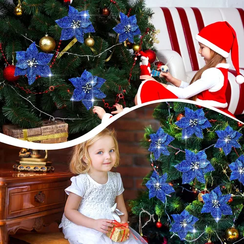 Vista 6 de Syhood 30 Piezas Flores de Pascua con Purpurina de 5.1 Pulgadas Adornos para Árbol de Navidad Flores de Pascua Artificiales para Boda Flores